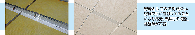 野縁としての役割を担い、野縁受けに直付けすることにより吊元、天井材の切断、補強等が不要！